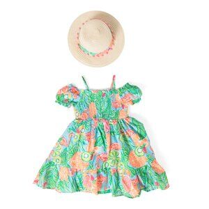 C&C CALIFORNIA Capri Girls Puff Sleeve Tropical Print Dress With Hat